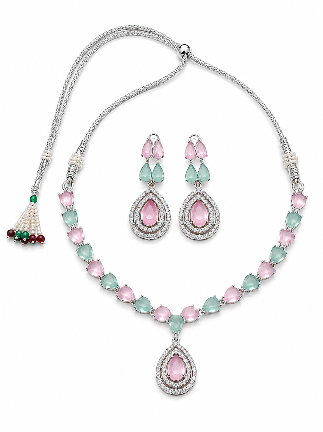 Silver-Toned Pink & Mint Stone Necklace Set