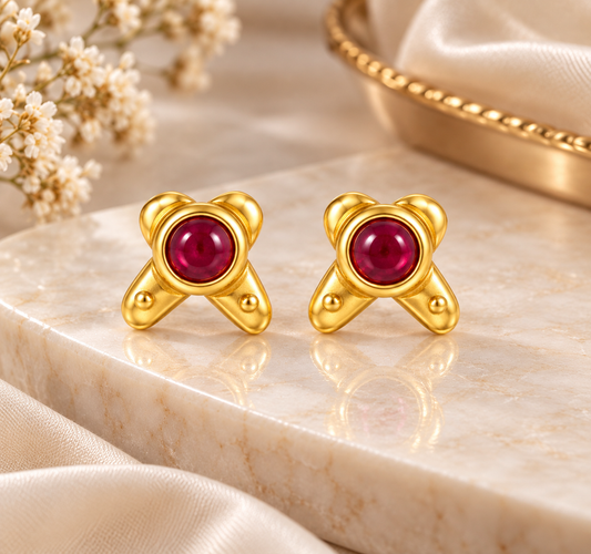 Gold-Toned Ruby Geometric Stud Earrings