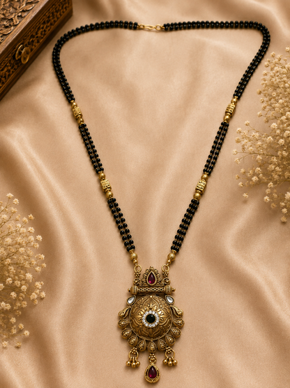 Antique Gold-Toned Black Beaded Statement Mangalsutra