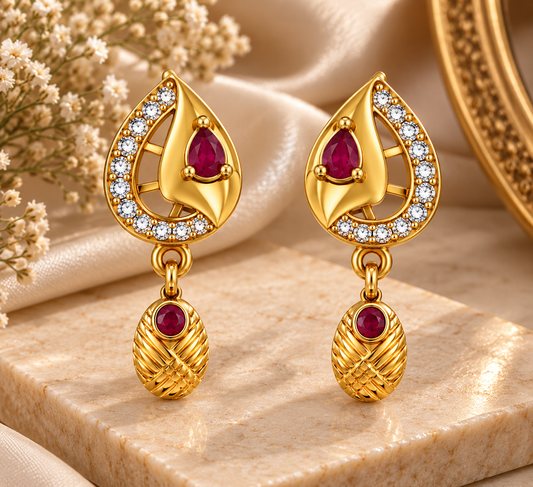 Premium Gold-Toned Ruby Teardrop Drop Earrings