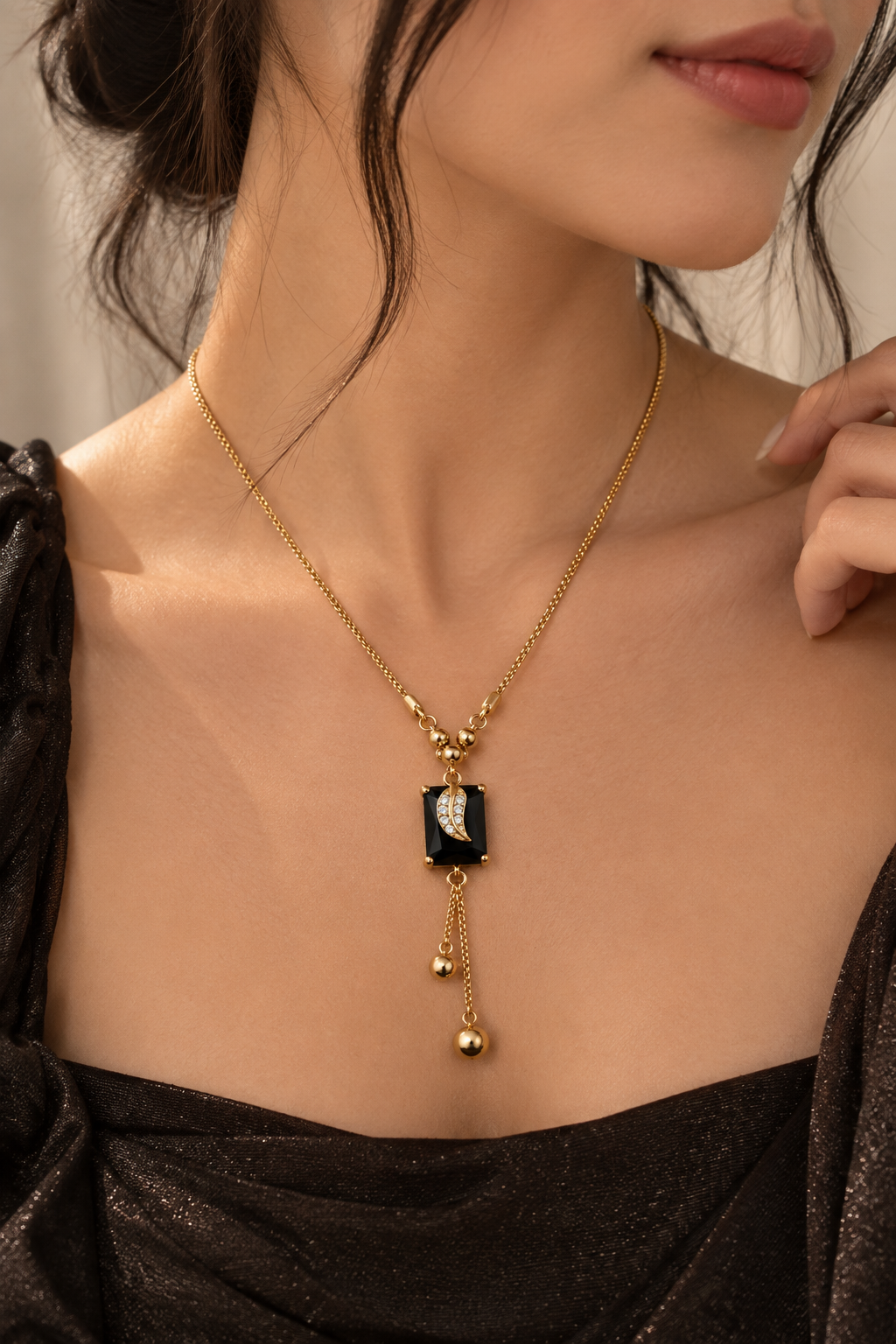 Gold-Toned Black Stone Pendant Necklace