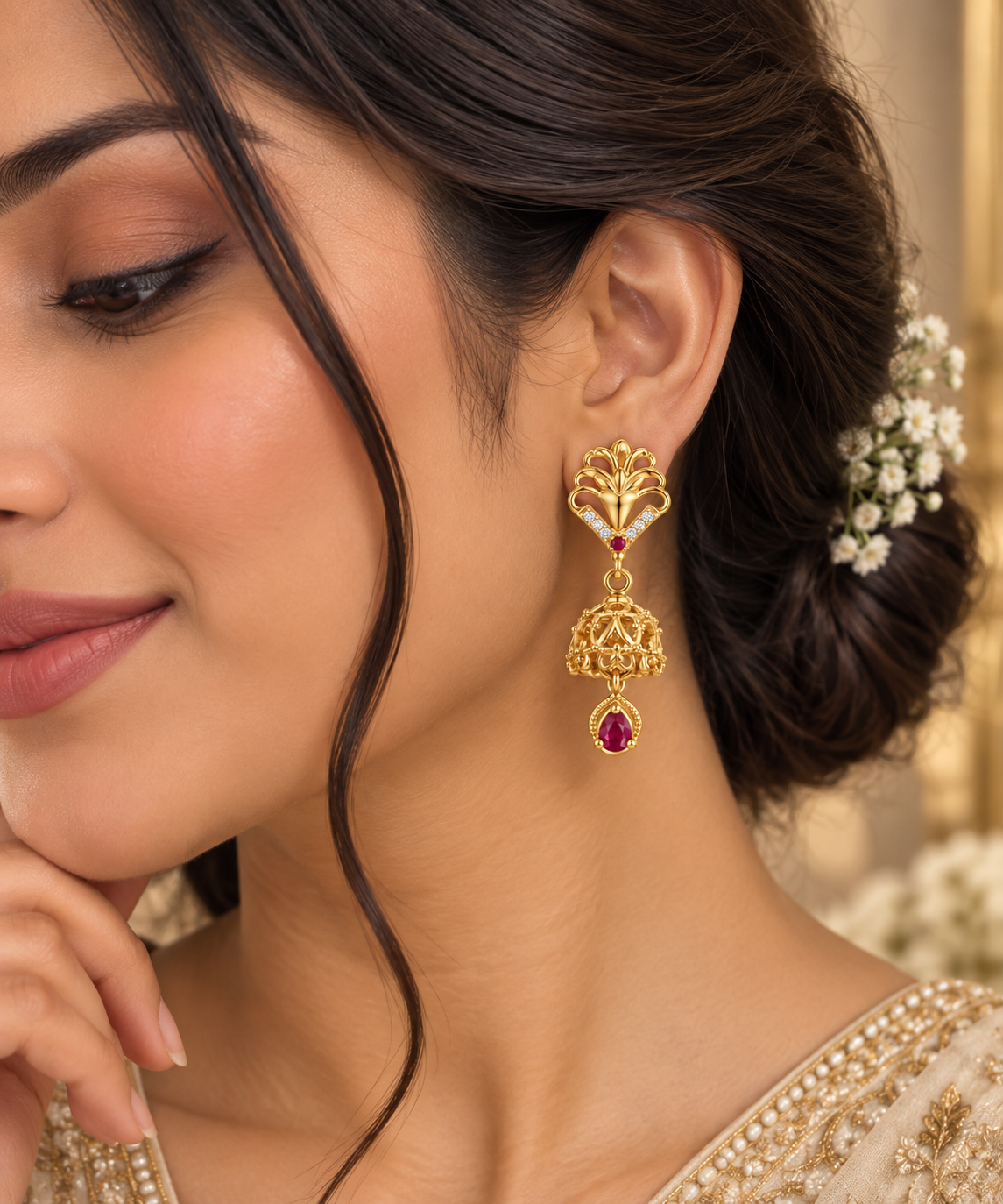Premium Gold-Toned Filigree Jhumka Drop Earrings with Ruby Accents