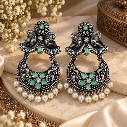 Premium Antique Silver-Toned Mint Green Peacock Chandbali Earrings