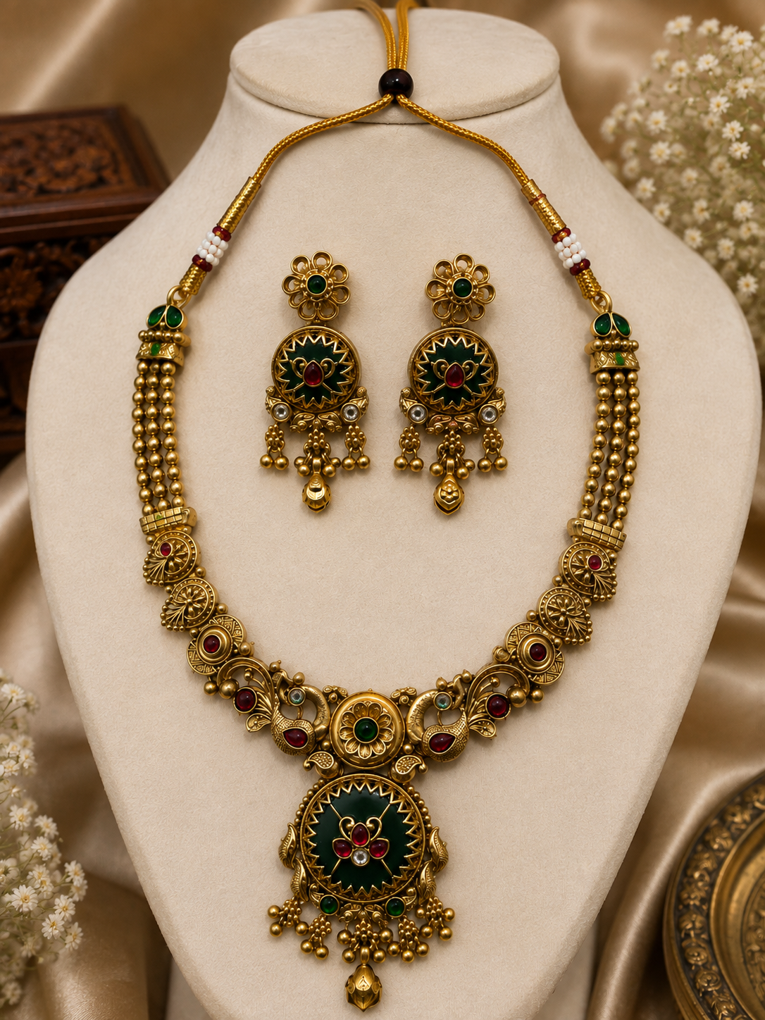 Heritage Emerald & Ruby Temple Necklace & Jhumka Set