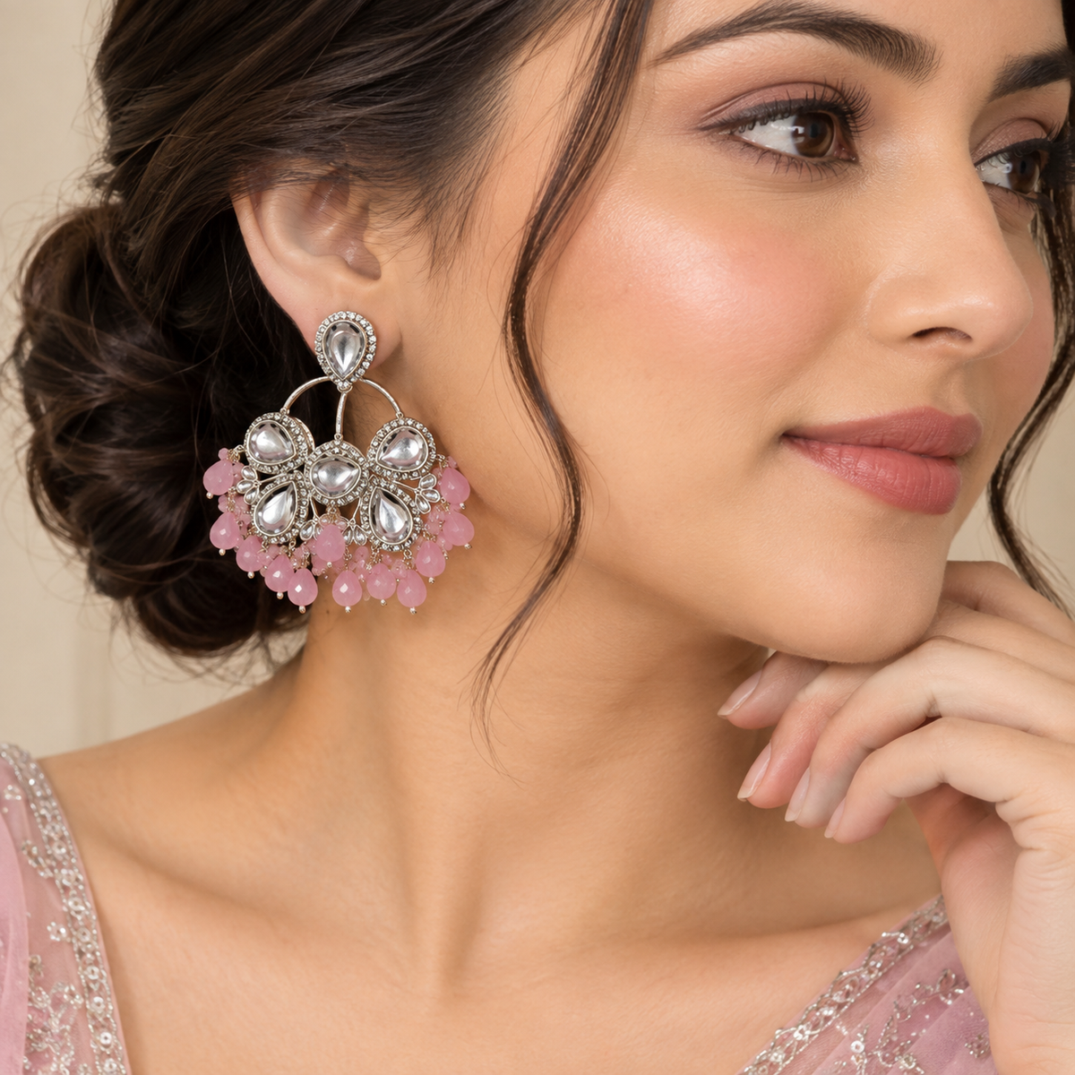 Premium Silver-Toned Pink Crystal & Pearl Chandelier Earrings