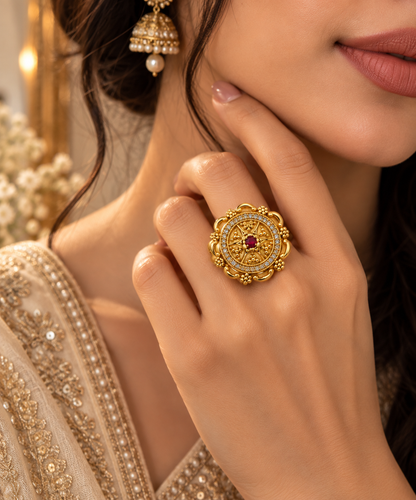 Premium Gold-Toned Ornate Floral Ring