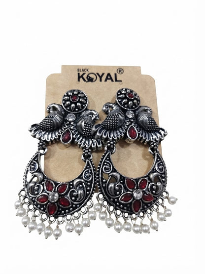 Premium Oxidized Silver-Toned Ruby Red Floral Chandbali Earrings