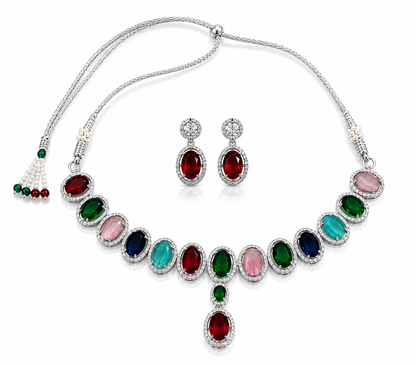 Silver-Toned Multicolor Stone Necklace Set