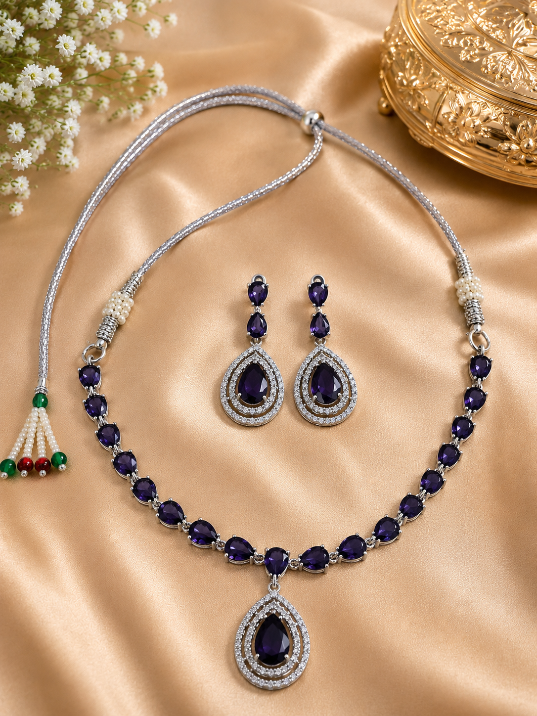 Silver-Toned Deep Purple Stone Necklace & Earring Set