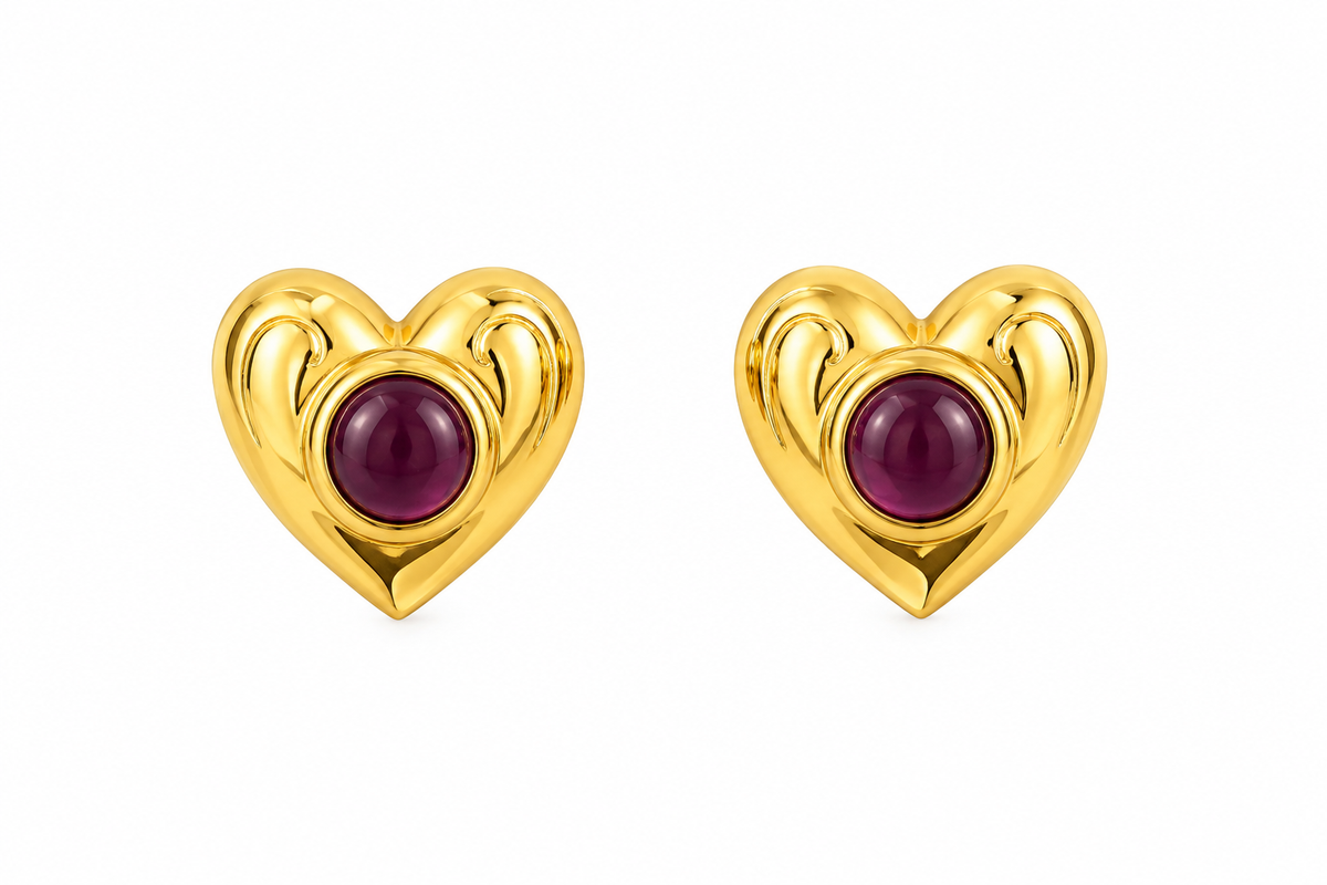 Elegant Gold-Toned Purple Heart Stud Earrings