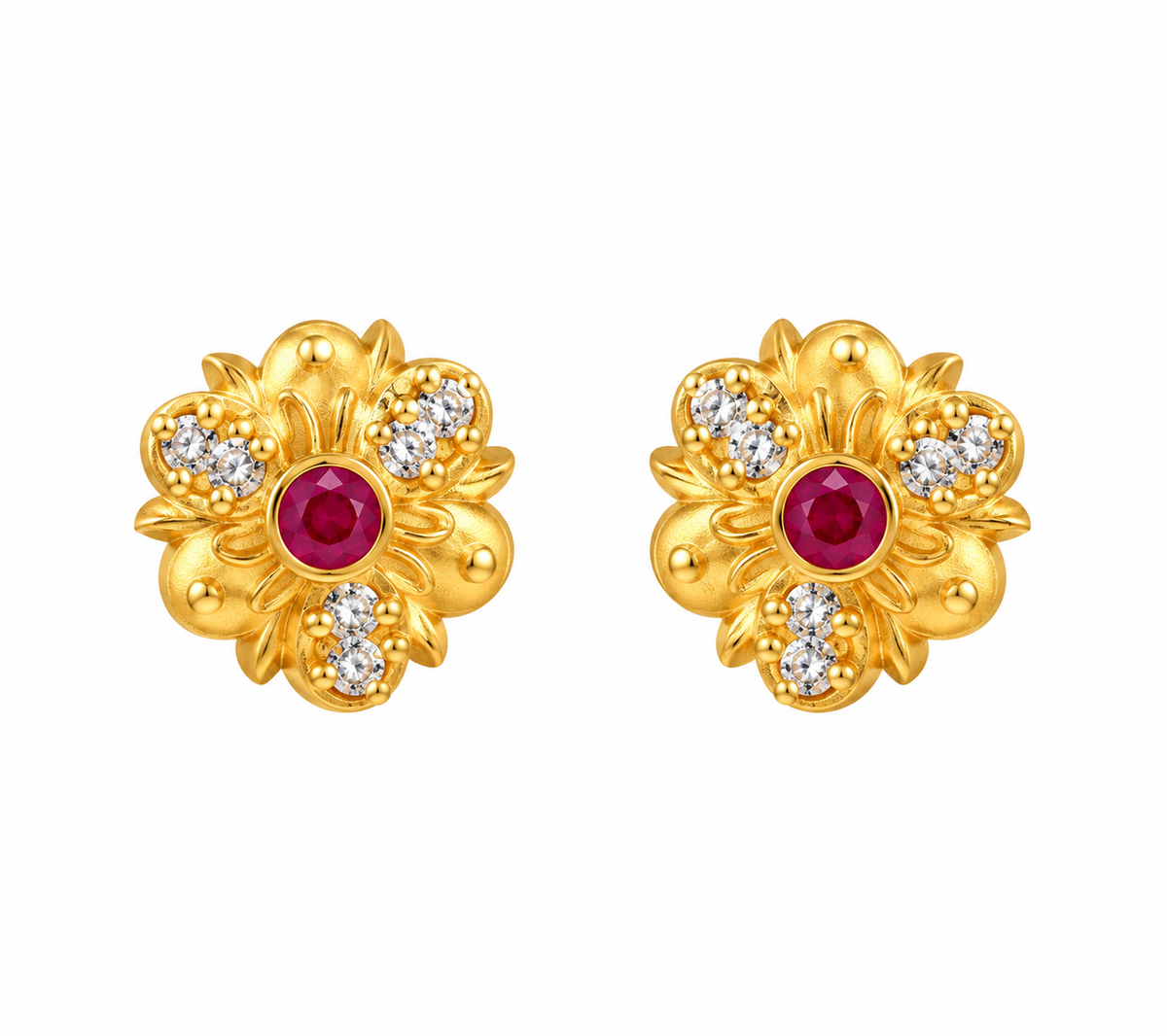 Gold-Toned Floral Ruby Stud Earrings