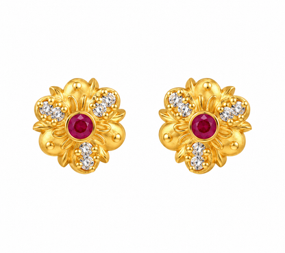 Gold-Toned Floral Ruby Stud Earrings