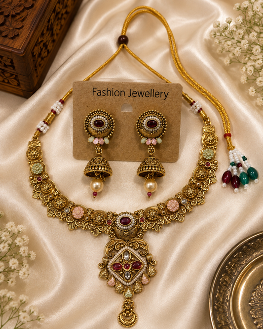 Royal Antique Gold Multicolor Kundan Necklace & Jhumka Set