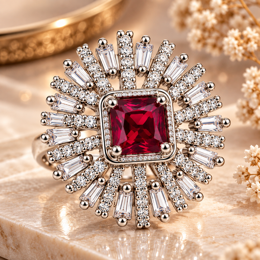 Burgundy Ruby Sunburst Statement Ring