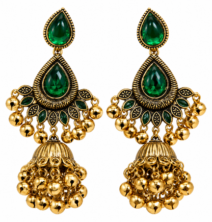 Premium Gold-Toned Emerald Green Teardrop Jhumka Earrings