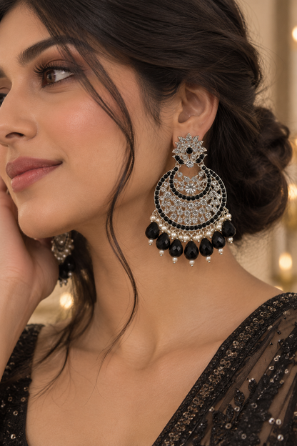 Premium Silver-Toned Black Stone Crystal Chandelier Earrings