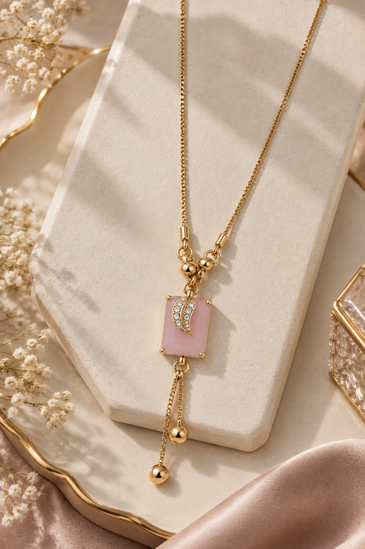 Gold-Toned Pink Stone Pendant Necklace