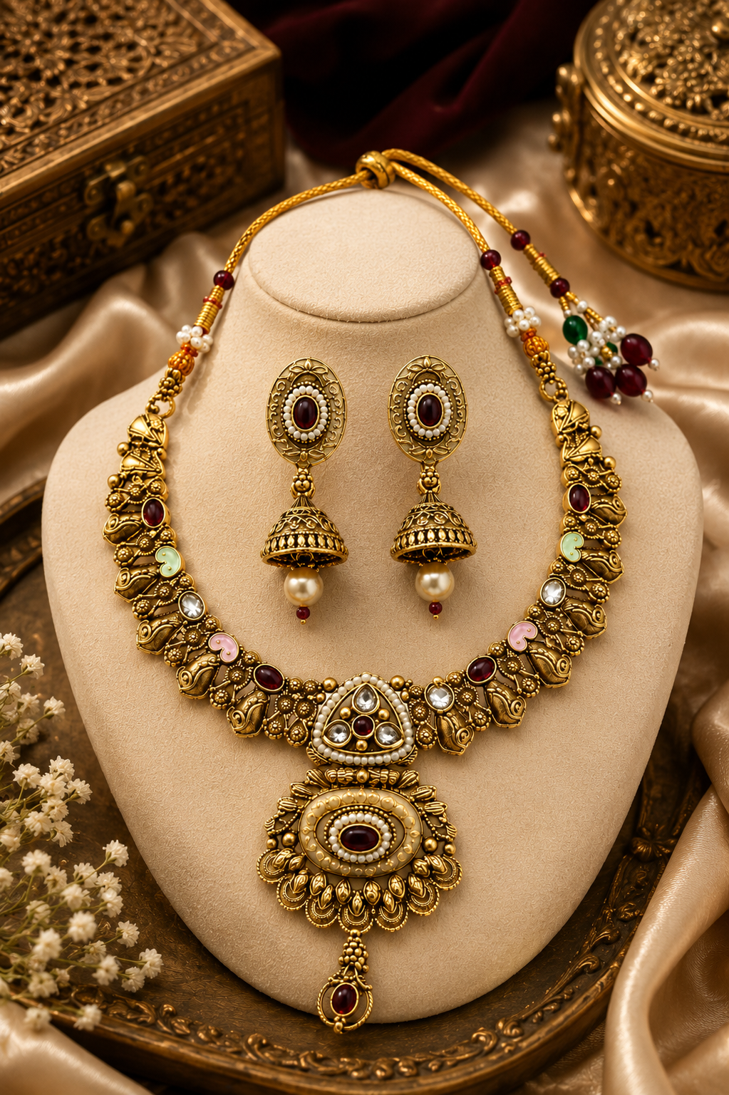 Antique Multicolor Temple Necklace & Jhumka Set