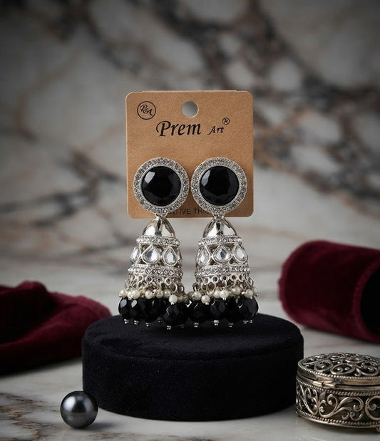 Premium Black Crystal Kundan-Style Jhumka Earrings
