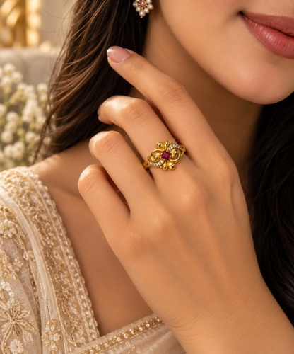 Gold-Toned Ruby Floral Ring
