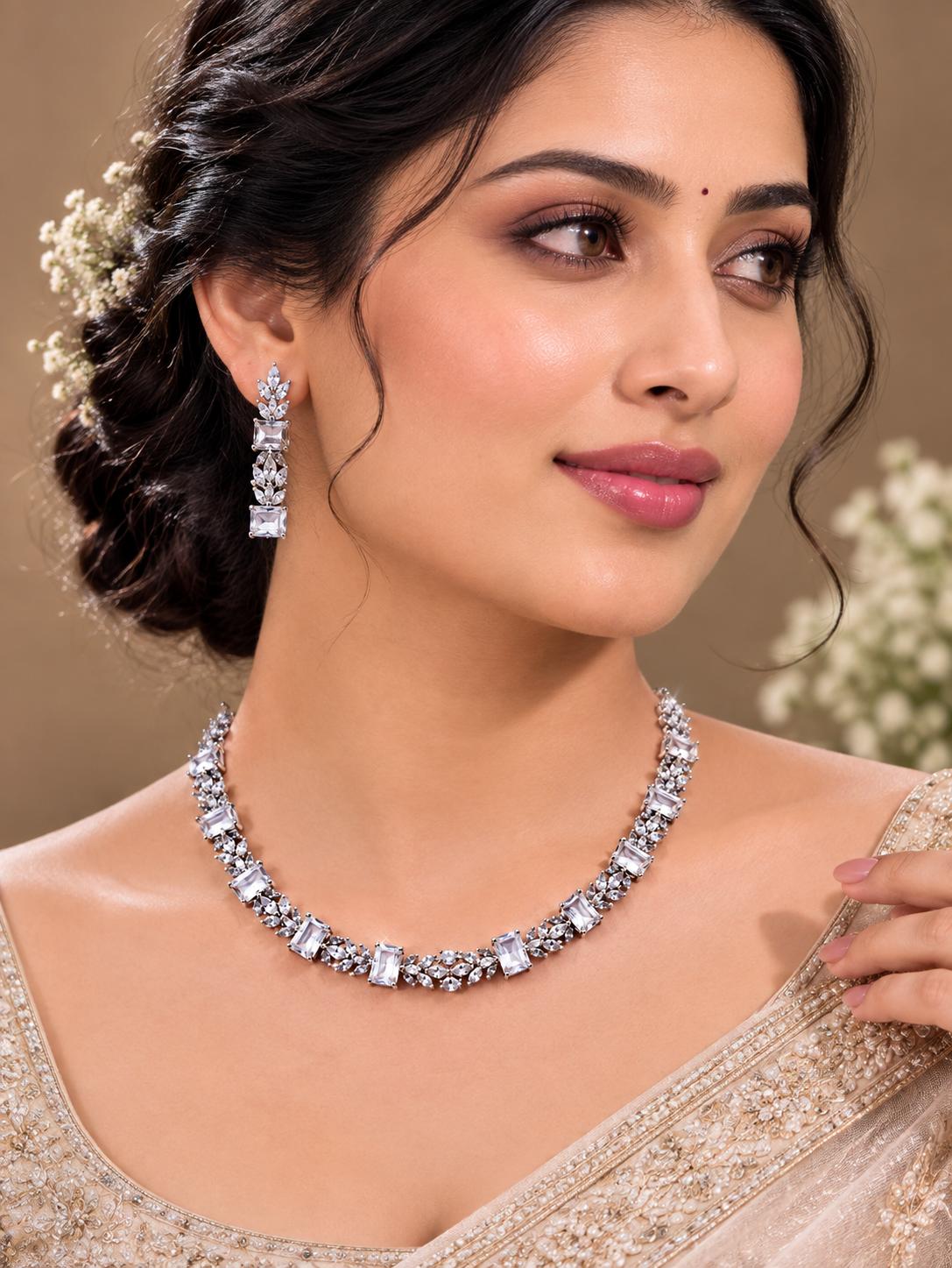 Silver-Toned Clear Crystal Necklace Set