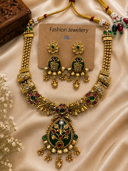 Heritage Green & Maroon Kundan Necklace & Jhumka Set