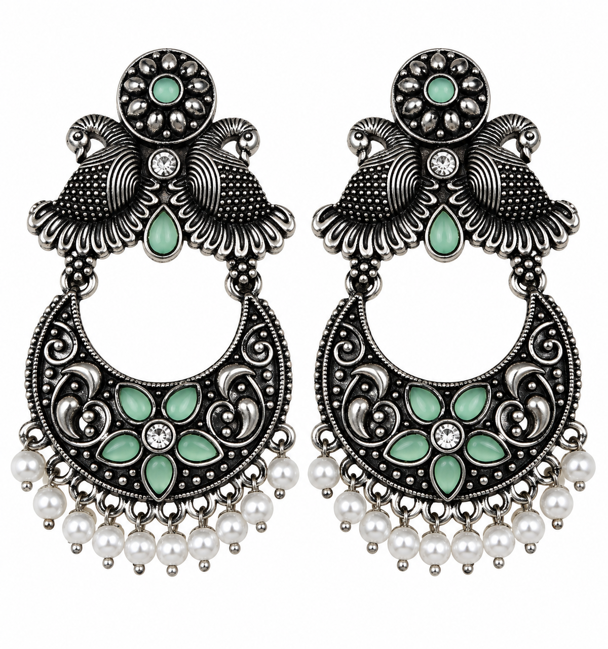 Premium Antique Silver-Toned Mint Green Peacock Chandbali Earrings