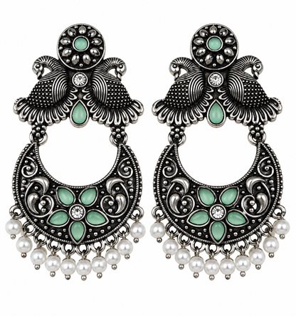 Premium Antique Silver-Toned Mint Green Peacock Chandbali Earrings