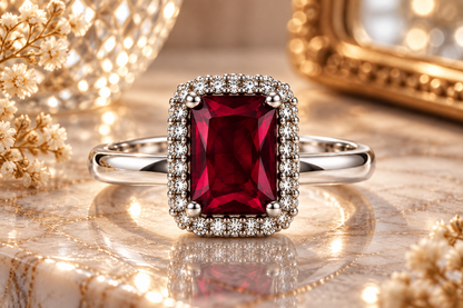 Silver-Toned Deep Red Rectangle Statement Ring