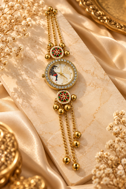 Elegant Gold-Toned Pendant Watch with Multicolor Floral Detailing