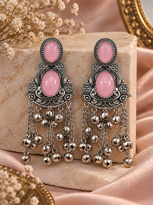 Premium Silver-Toned Pink Stone Oxidized Chandelier Earrings