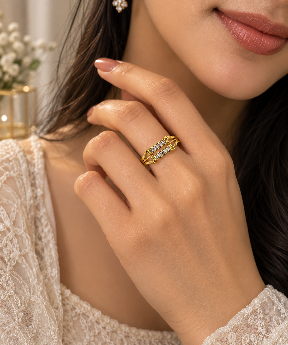 Gold-Toned Geometric Crystal Ring