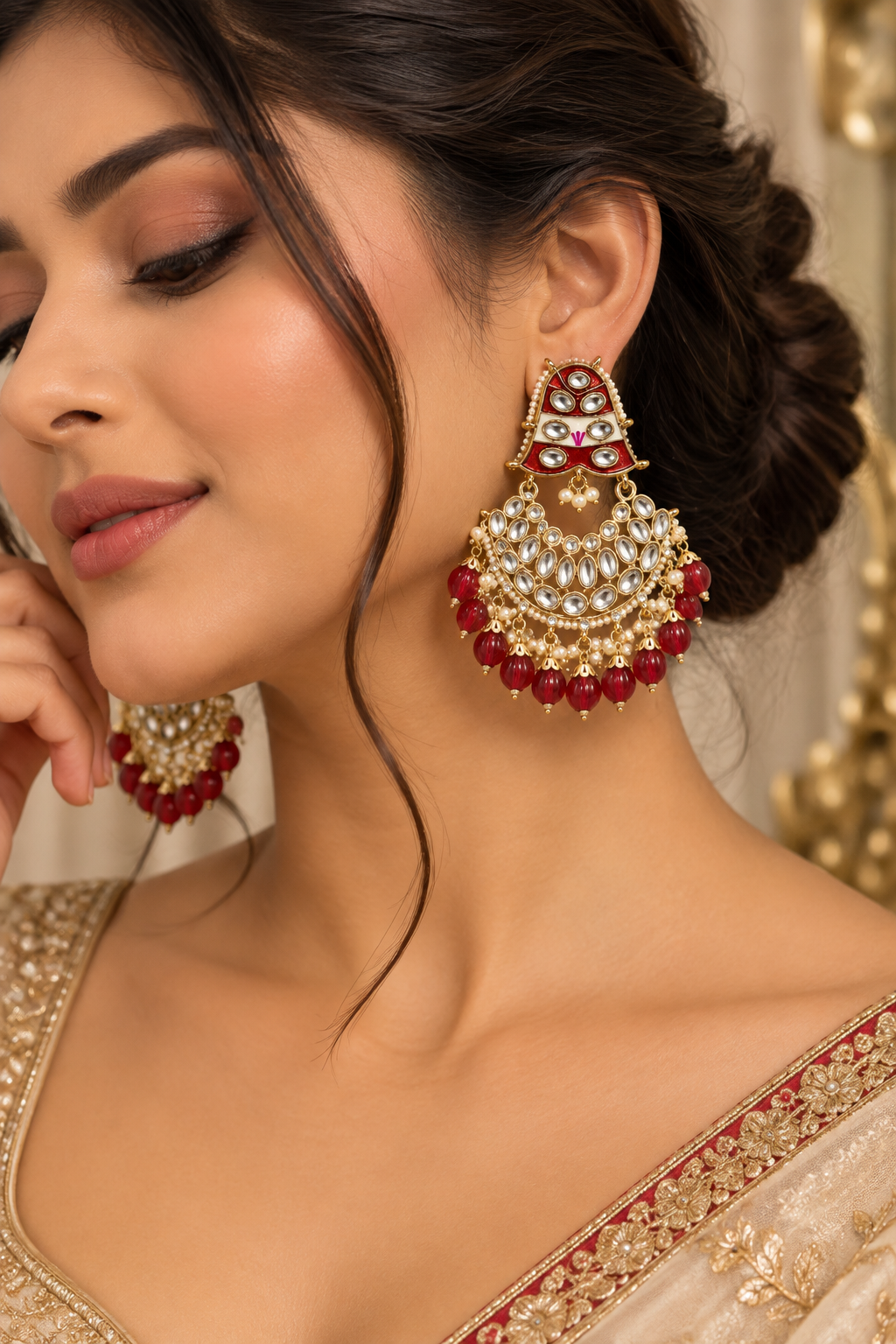 Premium Gold-Toned Red & White Kundan-Style Chandelier Statement Earrings