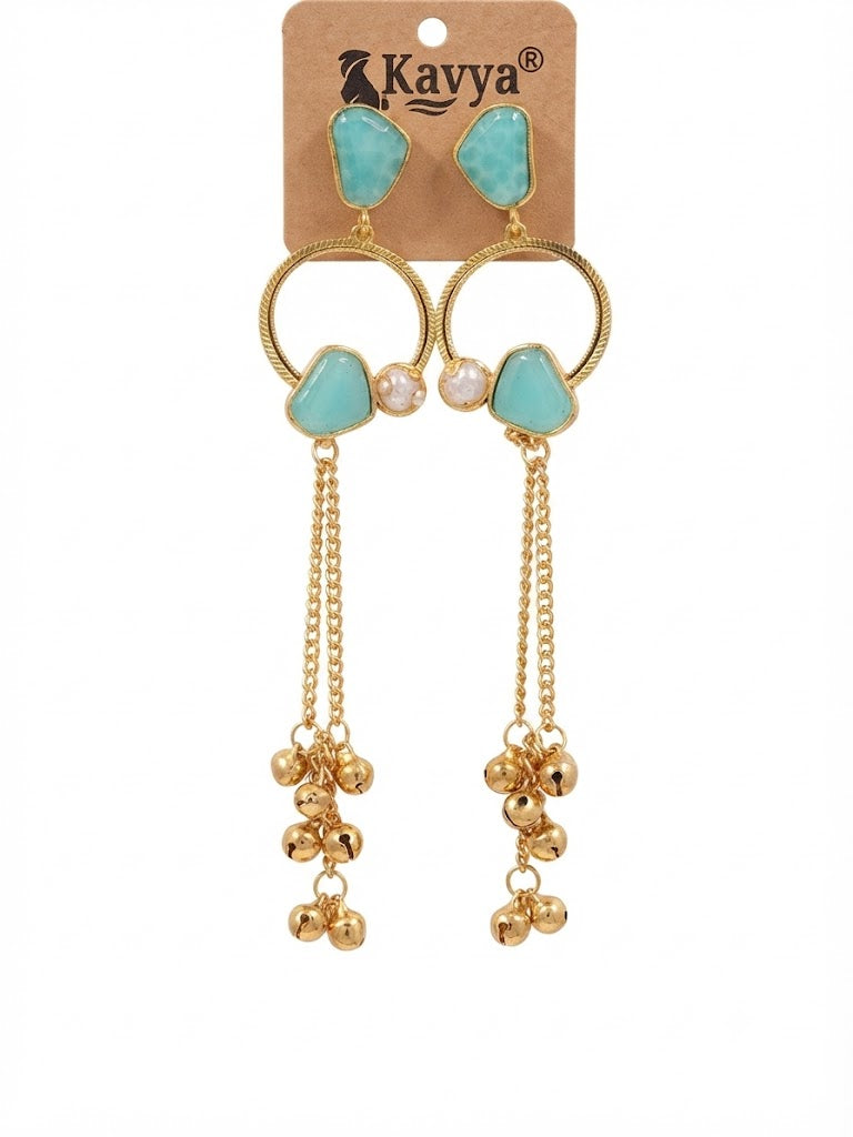 Premium Turquoise Stone Golden Hoop Chain Jhumka Earrings