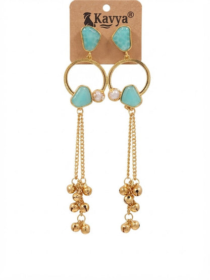 Premium Turquoise Stone Golden Hoop Chain Jhumka Earrings