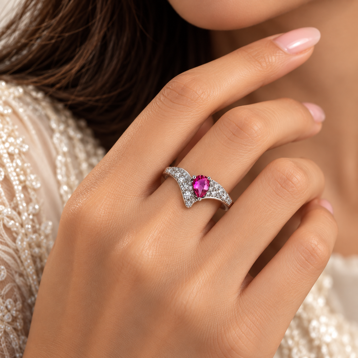 Elegant Silver-Toned Pink Stone Statement Ring