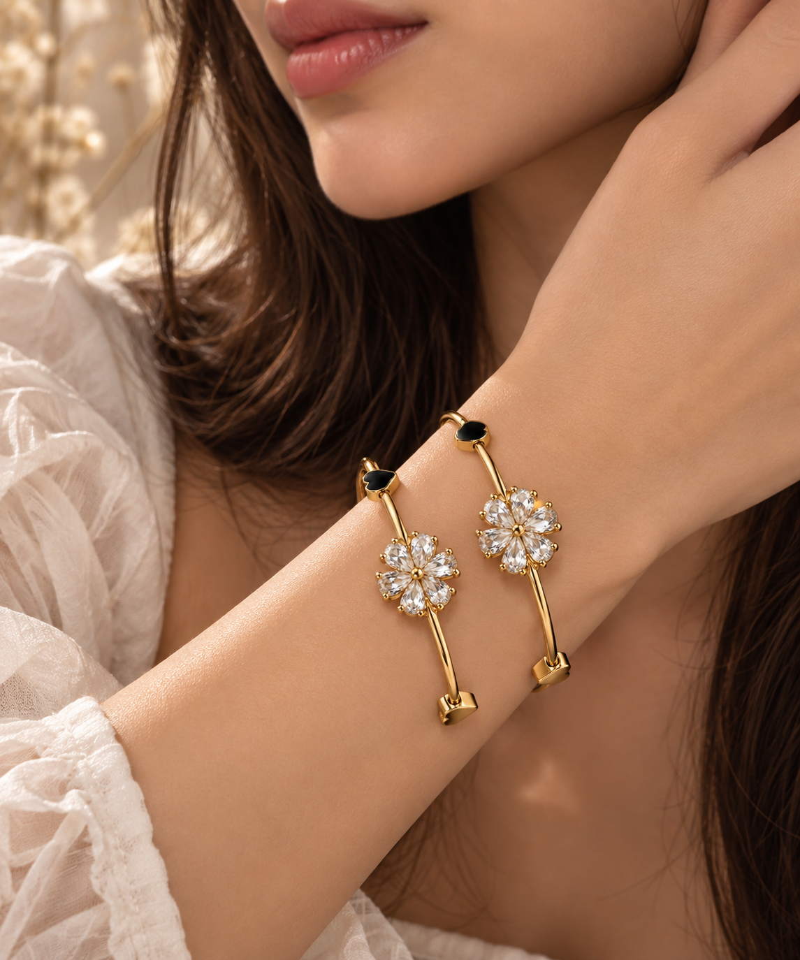 Premium Gold-Toned Crystal Flower Statement Bangle Bracelet