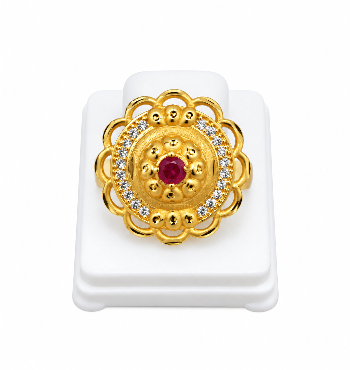 Antique Gold-Toned Ruby Floral Ring
