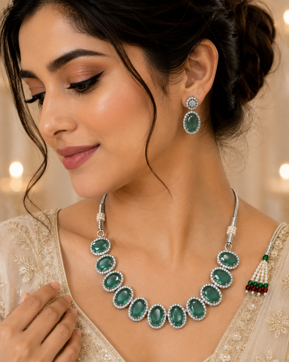 Elegant Silver-Toned Teal Green Stone Necklace & Earring Set