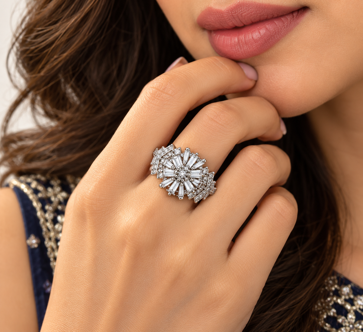 Silver Crystal Sunburst Statement Ring