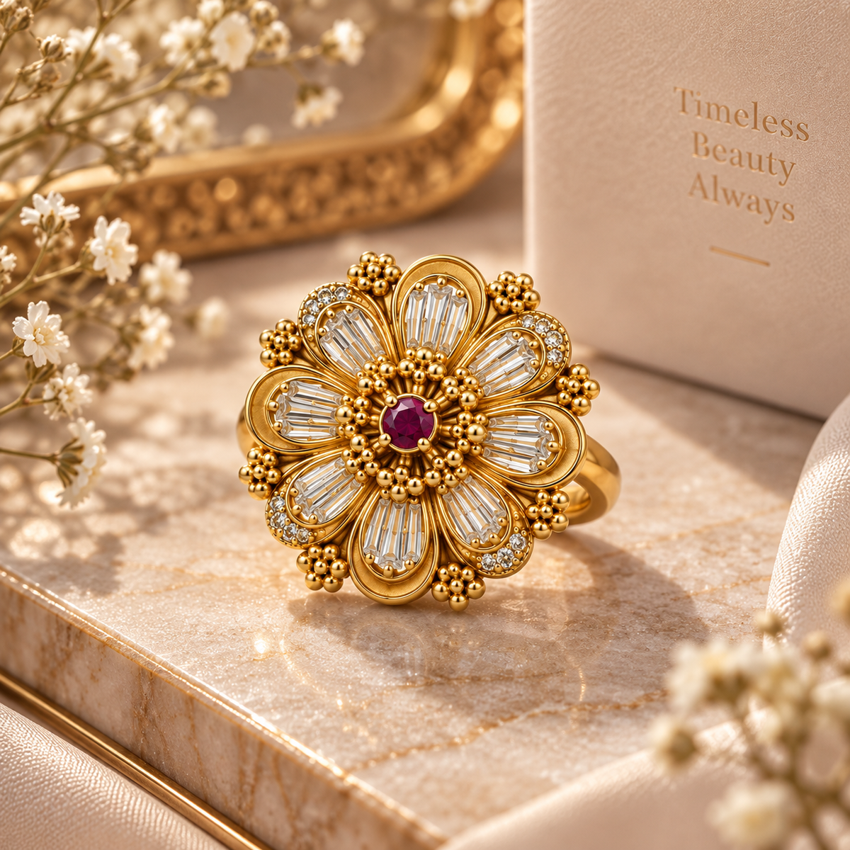 Premium Gold-Toned Floral Cocktail Ring