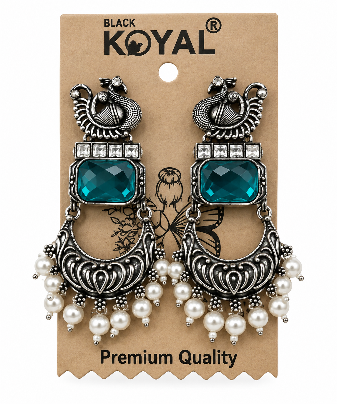 Premium Oxidized Silver Peacock Design Teal Stone Chandelier Earrings