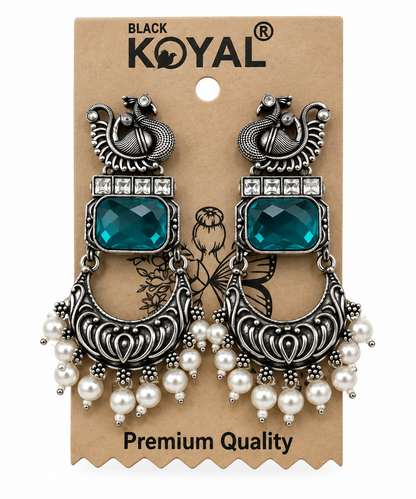 Premium Oxidized Silver Peacock Design Teal Stone Chandelier Earrings