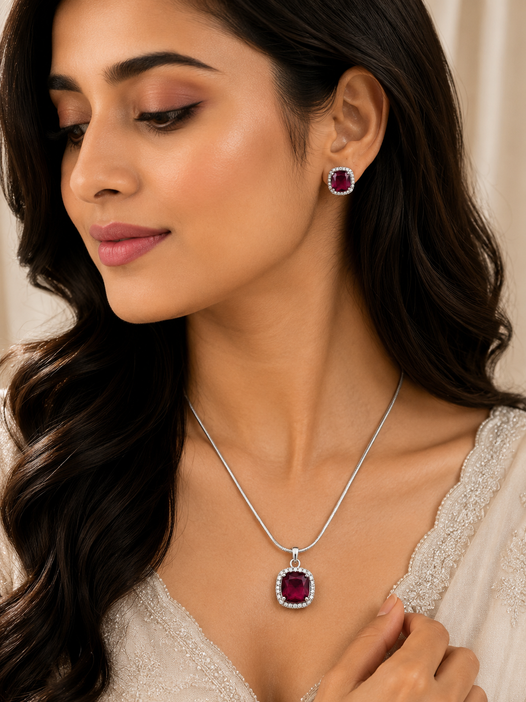 Elegant Burgundy Silver-Toned Pendant Set