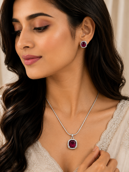 Elegant Burgundy Silver-Toned Pendant Set