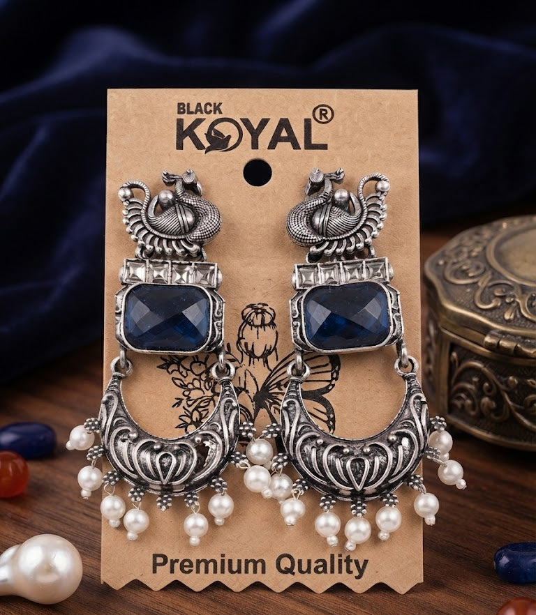 Premium Oxidized Silver Peacock-Inspired Blue Stone Jhumka Earrings