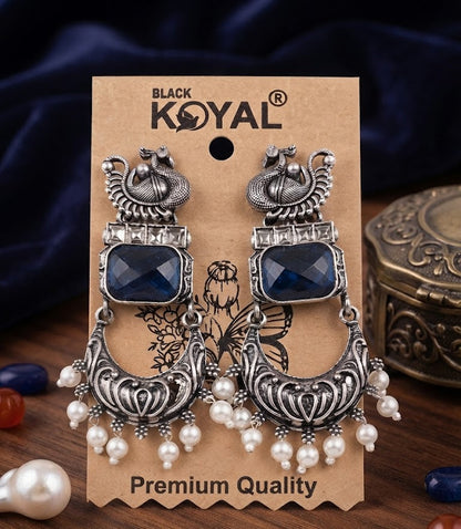 Premium Oxidized Silver Peacock-Inspired Blue Stone Jhumka Earrings