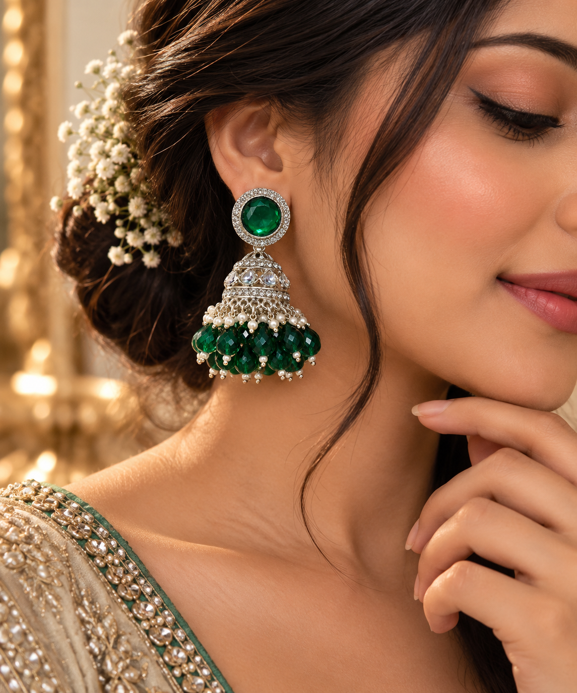 Premium Emerald Green Stone Silver-Toned Jhumka Earrings