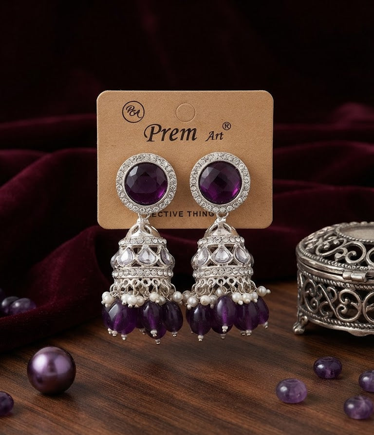 Premium Purple Crystal Jhumka Earrings