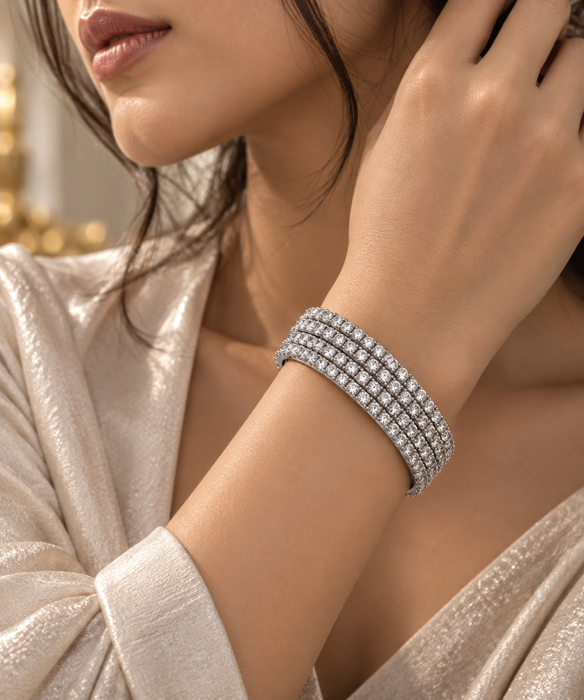 Premium Silver-Toned Multi-Row Crystal Bracelet